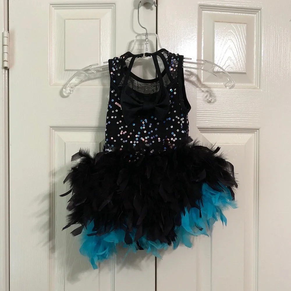 Weissman Size SC (Small) Girls Leotard Black/Teal Feathered Sequin Dance Costume